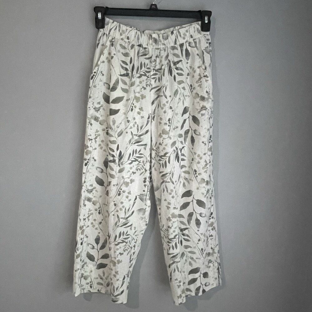 Alembika Linen Blend Pants Size 1 Cream Green Floral Comfort Boho Langenlook Art